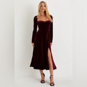 Lulu's Deep Red Velvet Long Sleeve Dress